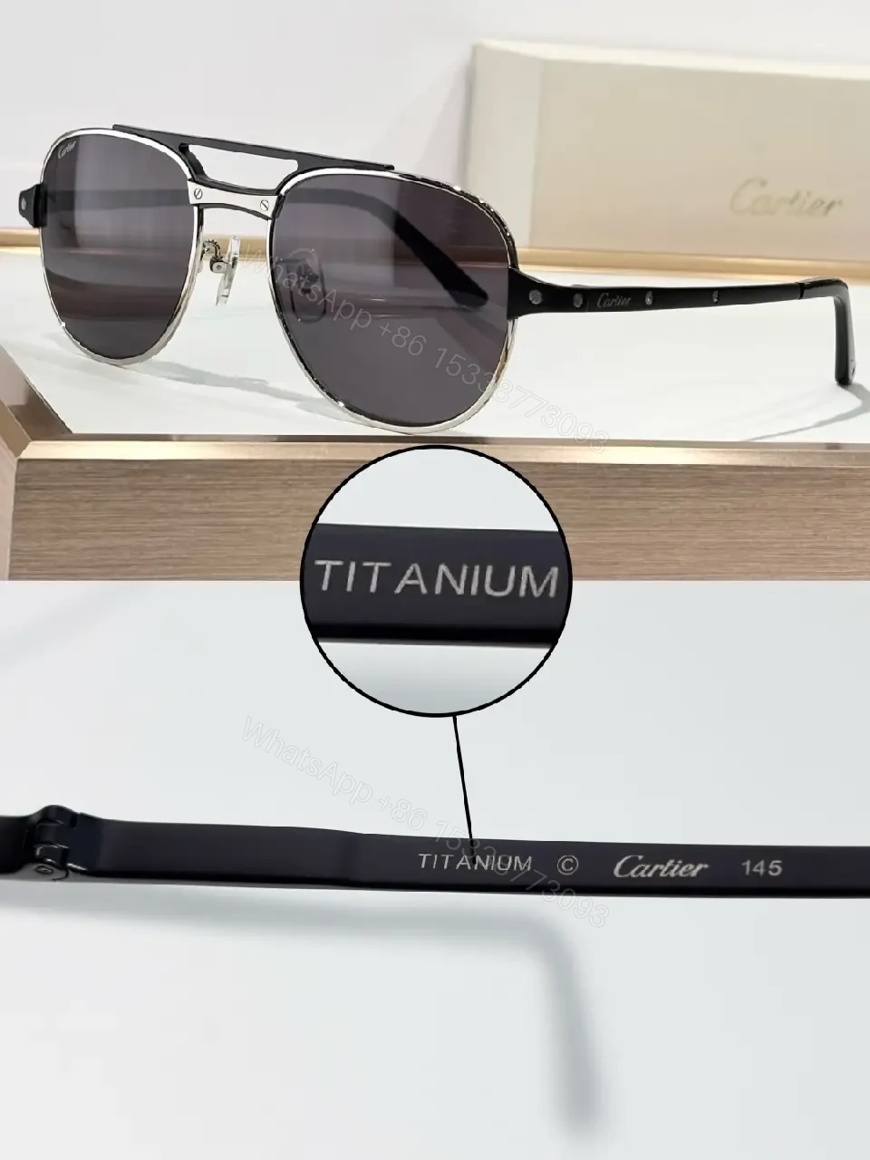 View 5 of Titanium Frame Sunglasses: Luxury Navy Glasses, Subtle Cartier Detail