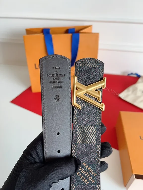 View 3 of Chic Damier-Texture Belt with LV Buckle, Luxury Leather