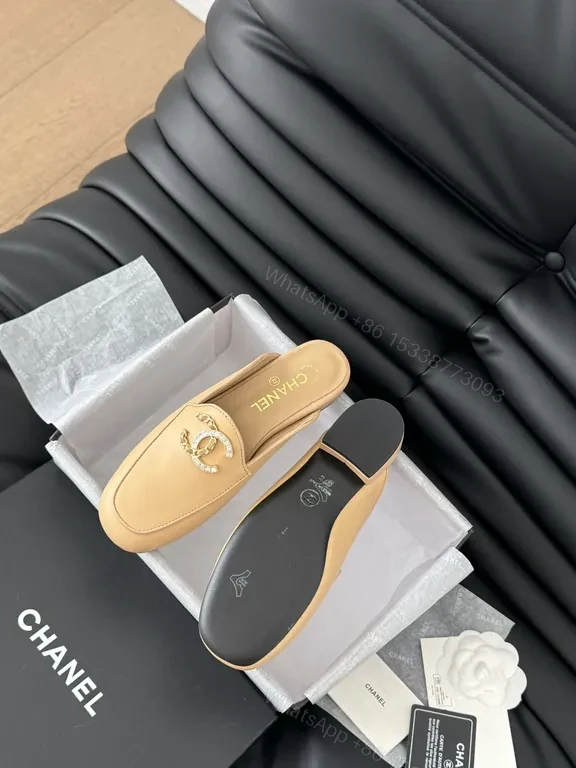 View 3 of Tan Leather Chanel-Style Mules: Signature Hardware, All-Day Comfort