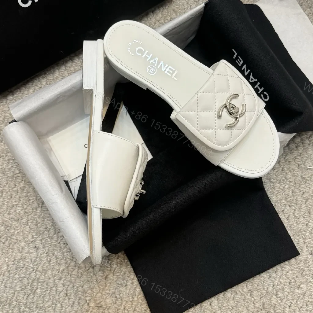 View 7 of Quilted White Leather Slides with Logo Detail, Open-Toe Slide, Luxury Comfort