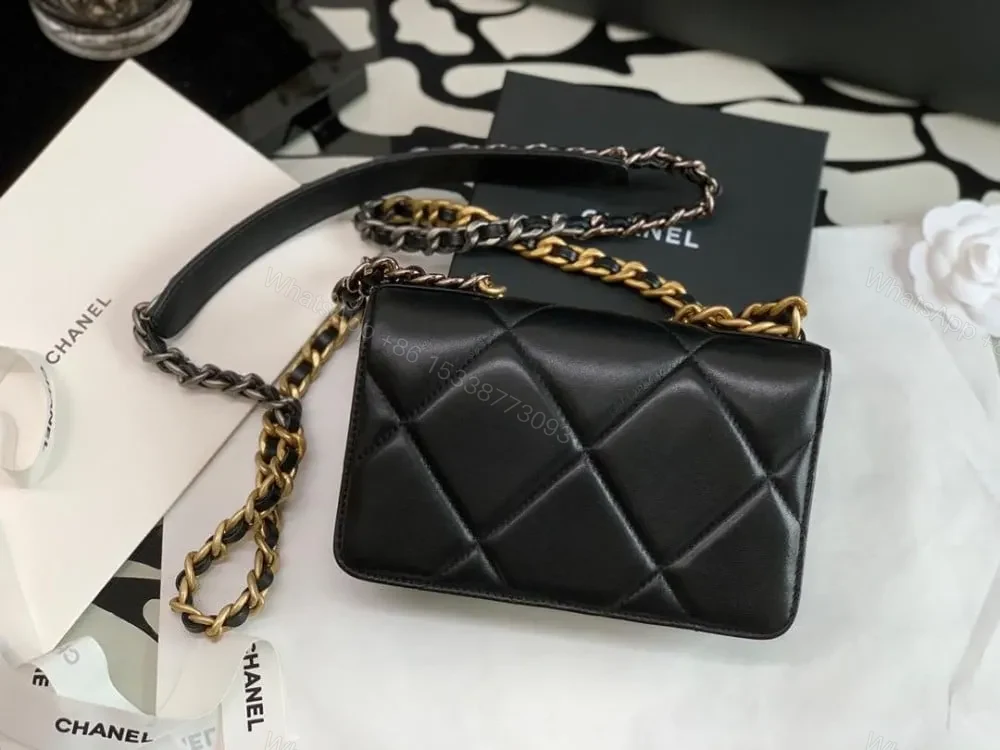 View 2 of Chanel 19 wallet on chain in shiny lambskin