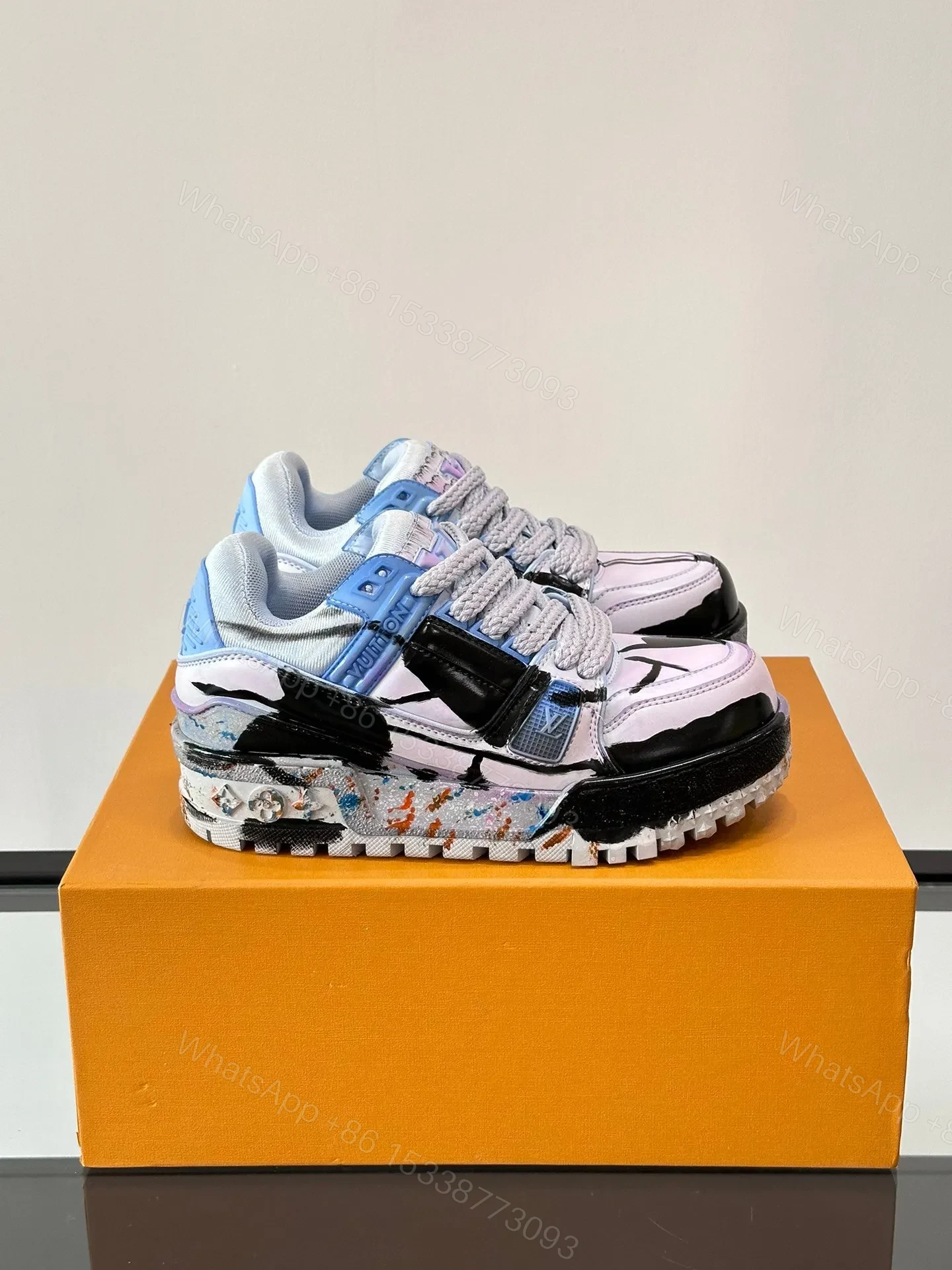 LV Men Black White Blue Leather Sneakers — view 1