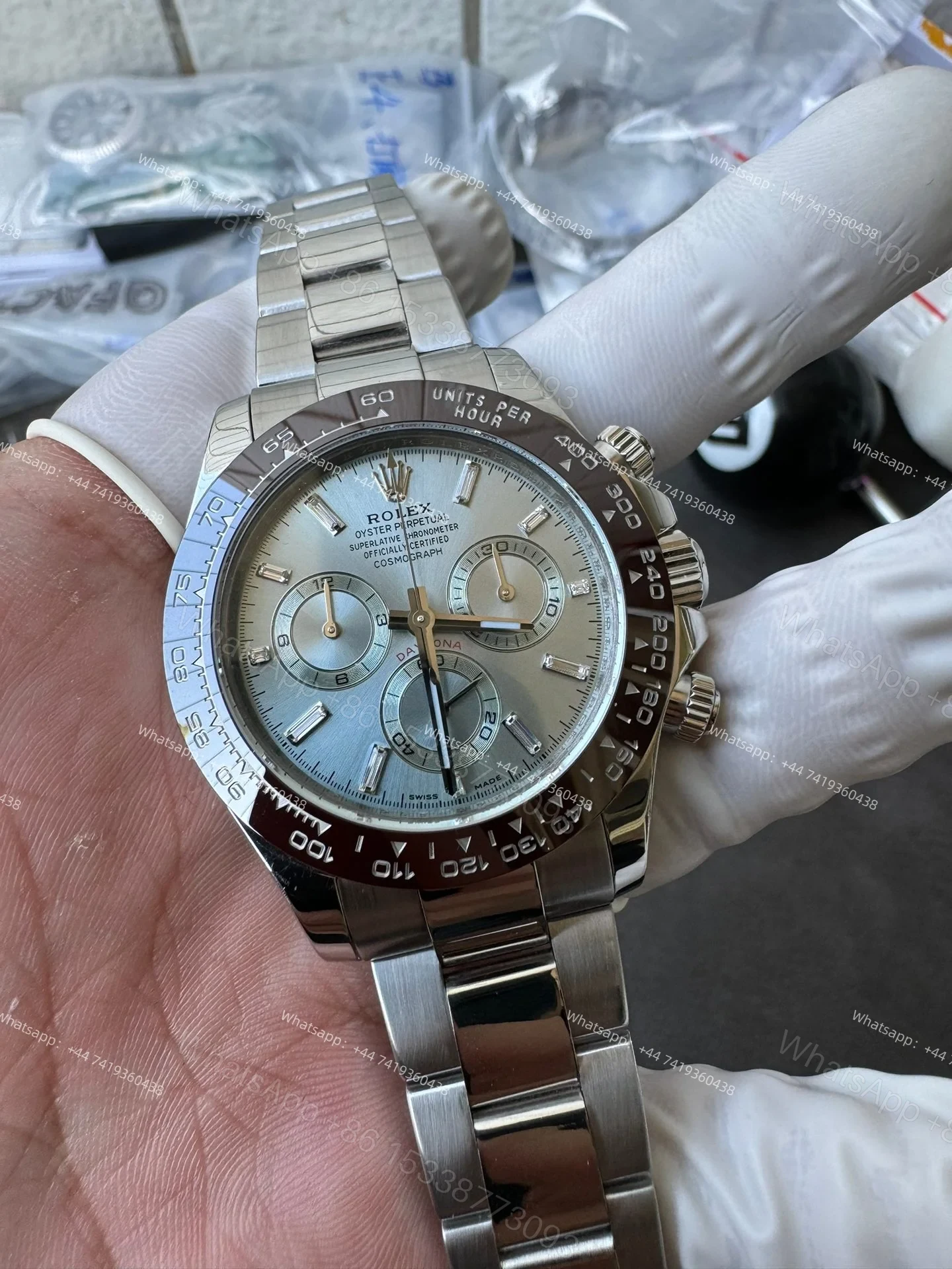 View 8 of Rolex Daytona M116506-0002 Ice Blue Dial 1:1 Replica Watch – Platinum Tone Super Clone 4130