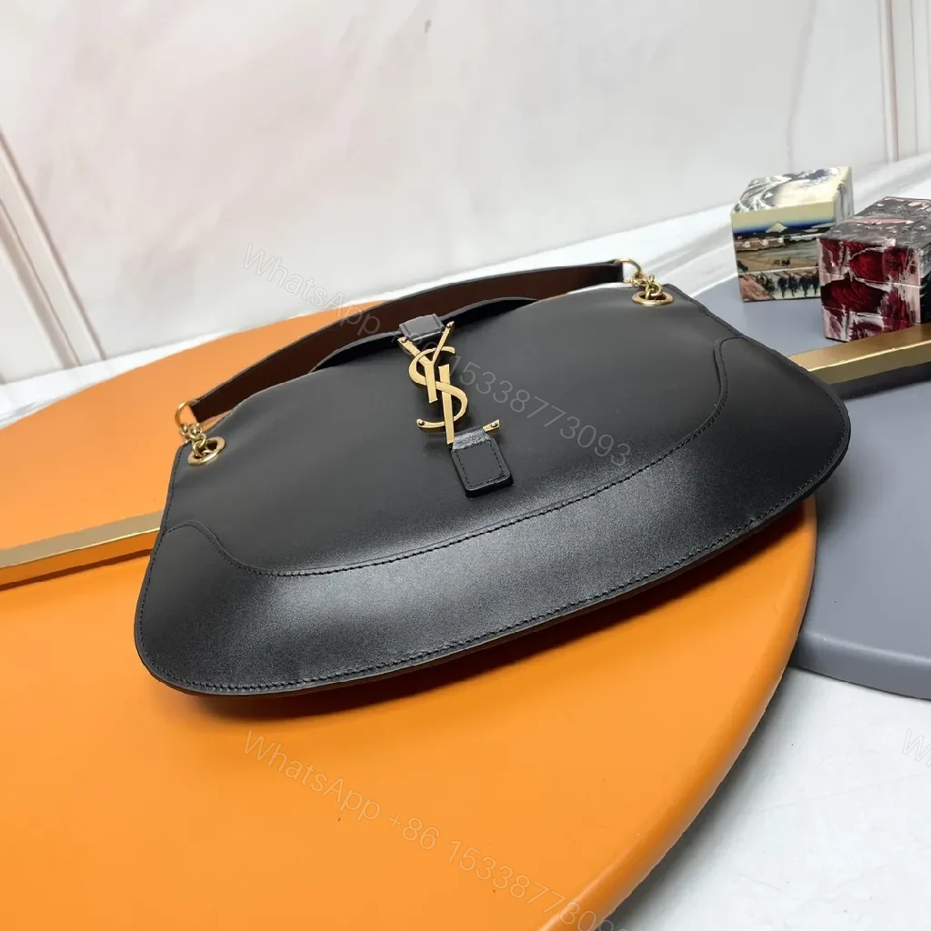 View 7 of Black Leather Crossbody: Ultra-Sleek, Gold Accent, Structured Utility Bag