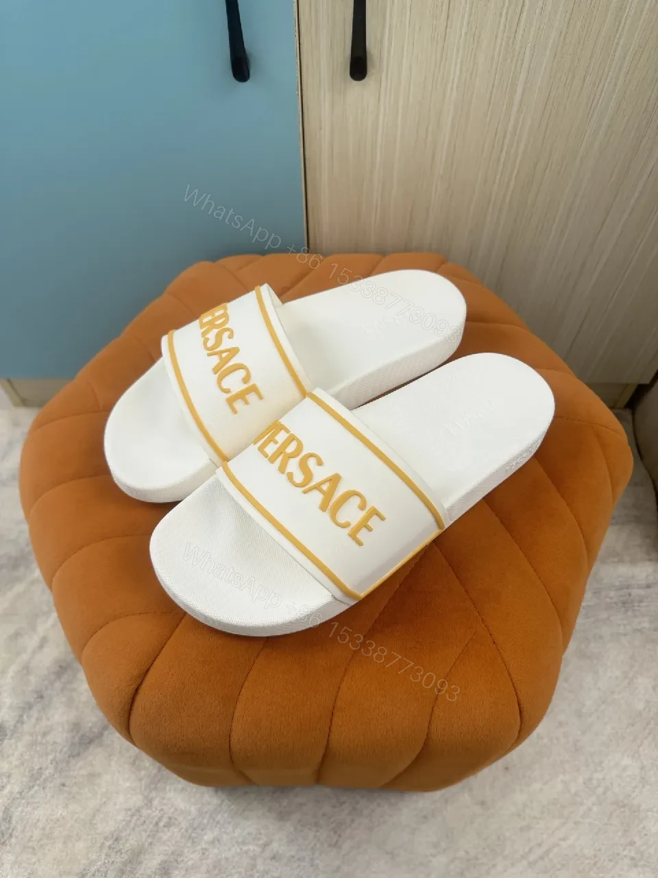 White & Yellow Versace-Trim Slide Sandals: Luxe Comfort Sliding — view 1