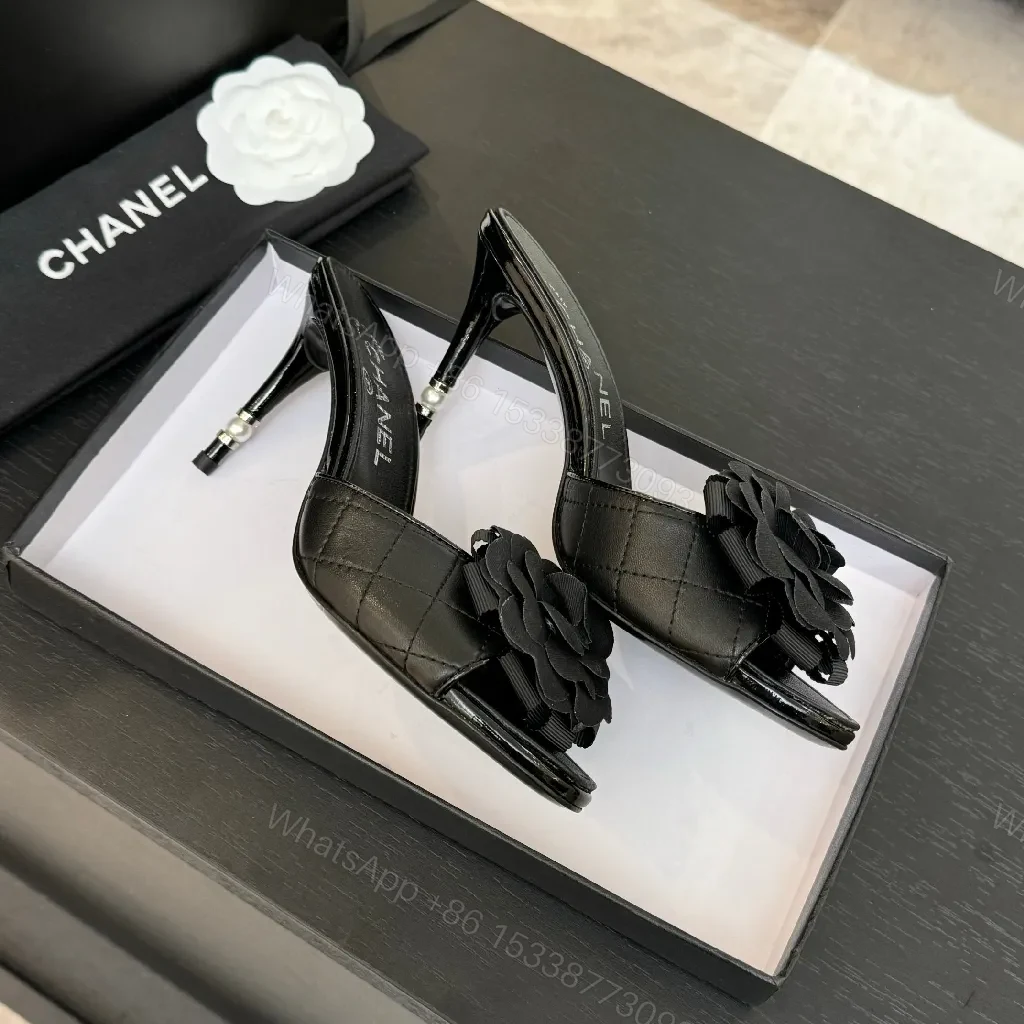 View 3 of Floral-Accent Black Leather Mules—Couture-Inspired Comfort