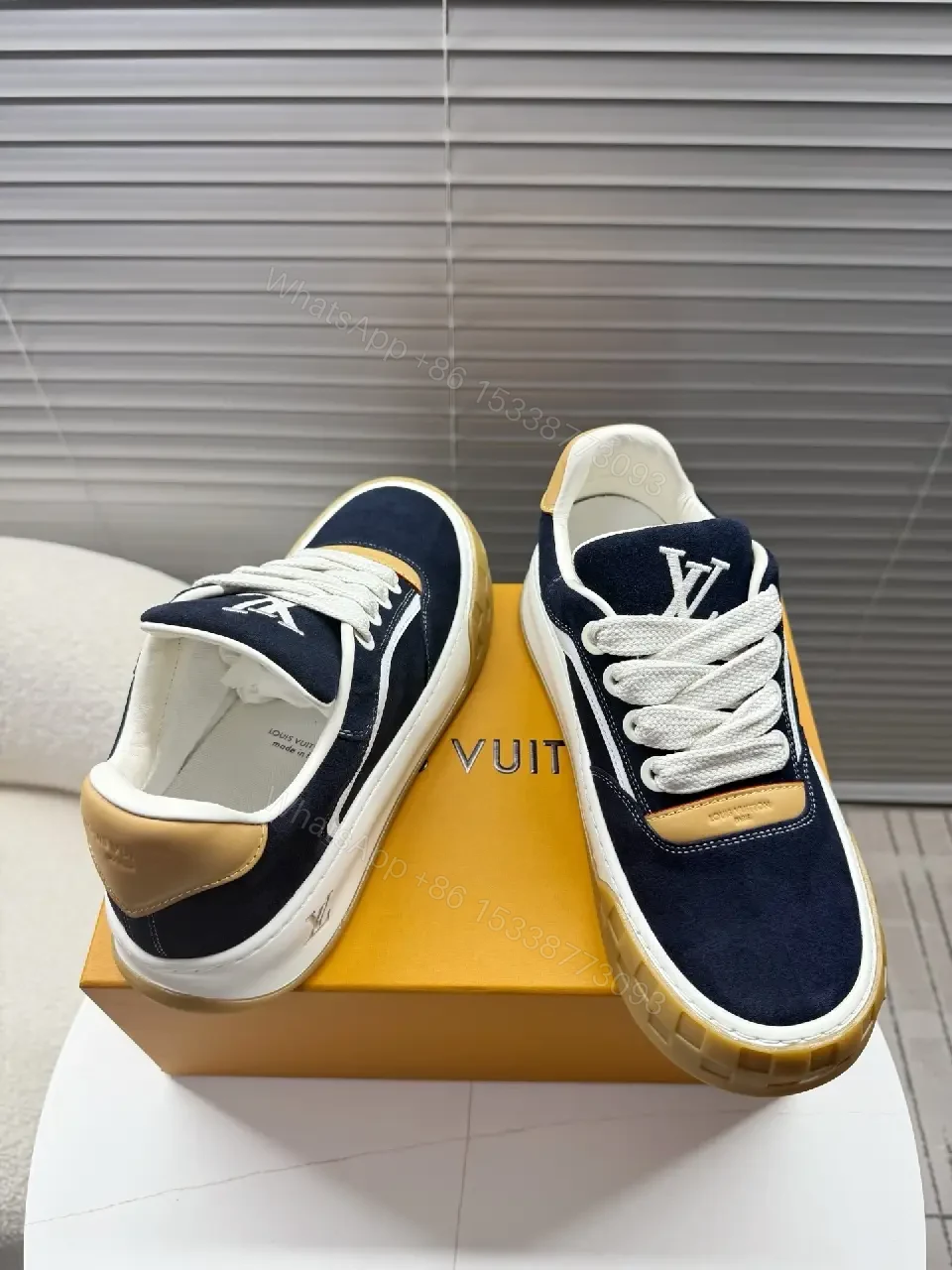 View 4 of Navy Suede Luxe Sneaker: Cream Accents, Gum Sole, High-Top