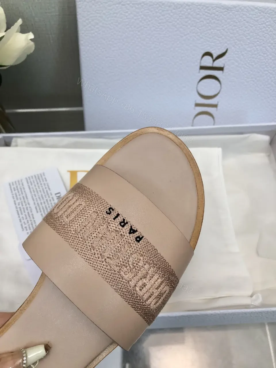 View 8 of Pink Beige Leather Slide Sandals with Dior Band - Paris Theme