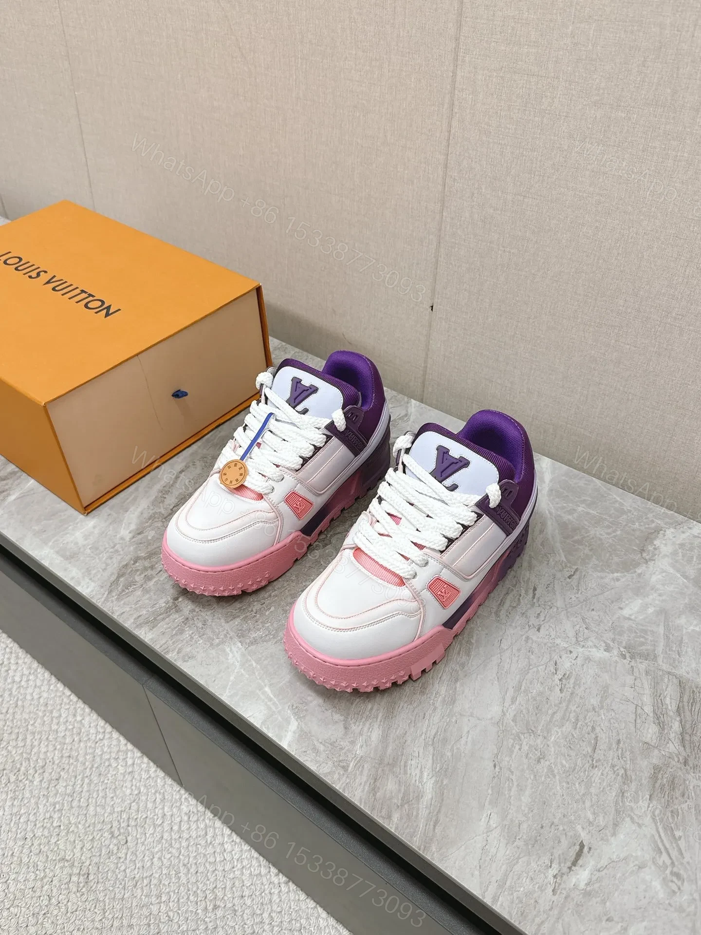 LV Women White Pink Purple Leather Sneakers — view 1