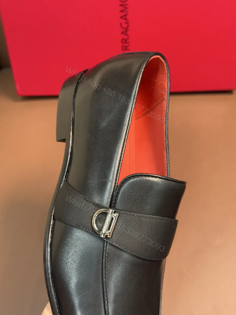 View 9 of Elegant Leather Loafers with Red Leather Interior, Metal Accent, Slip-On Style