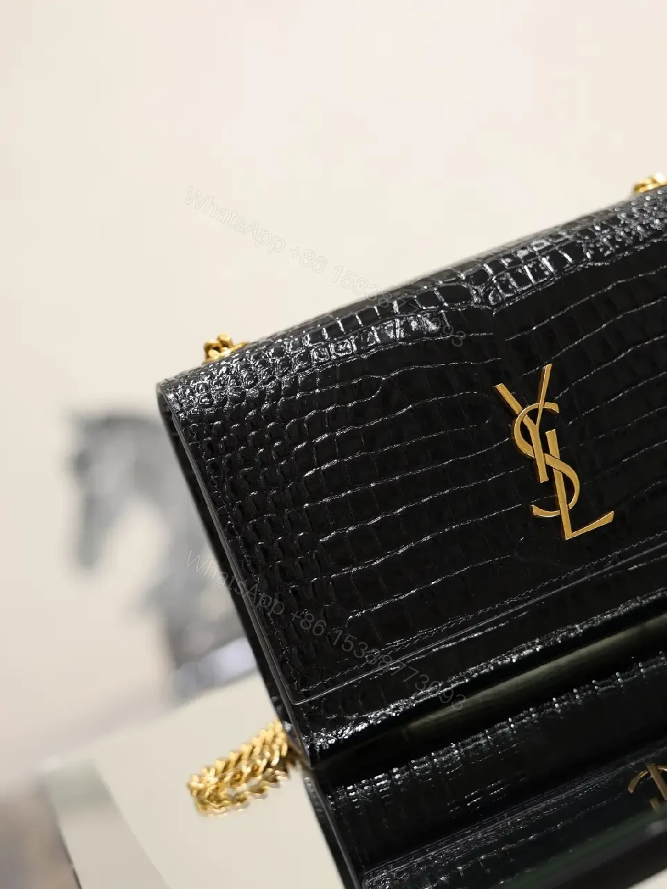 View 6 of Black Crocodile-Embossed Leather Mini Shoulder Bag with Gold YSL Logo