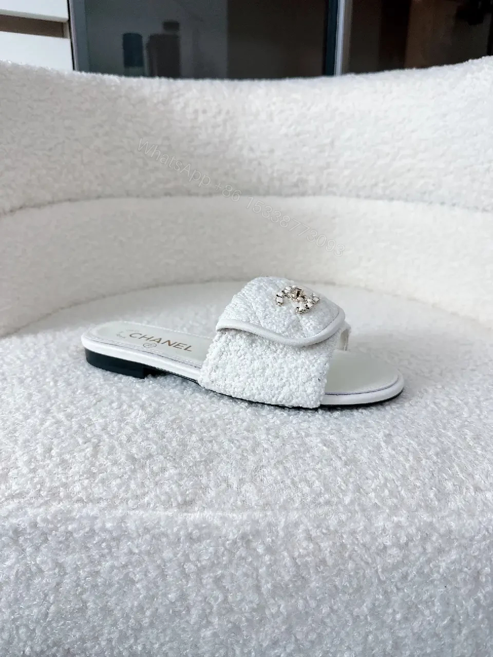 View 5 of White Bouclé Slip-Ons: Luxe Chanel-Esque Comfort Slides