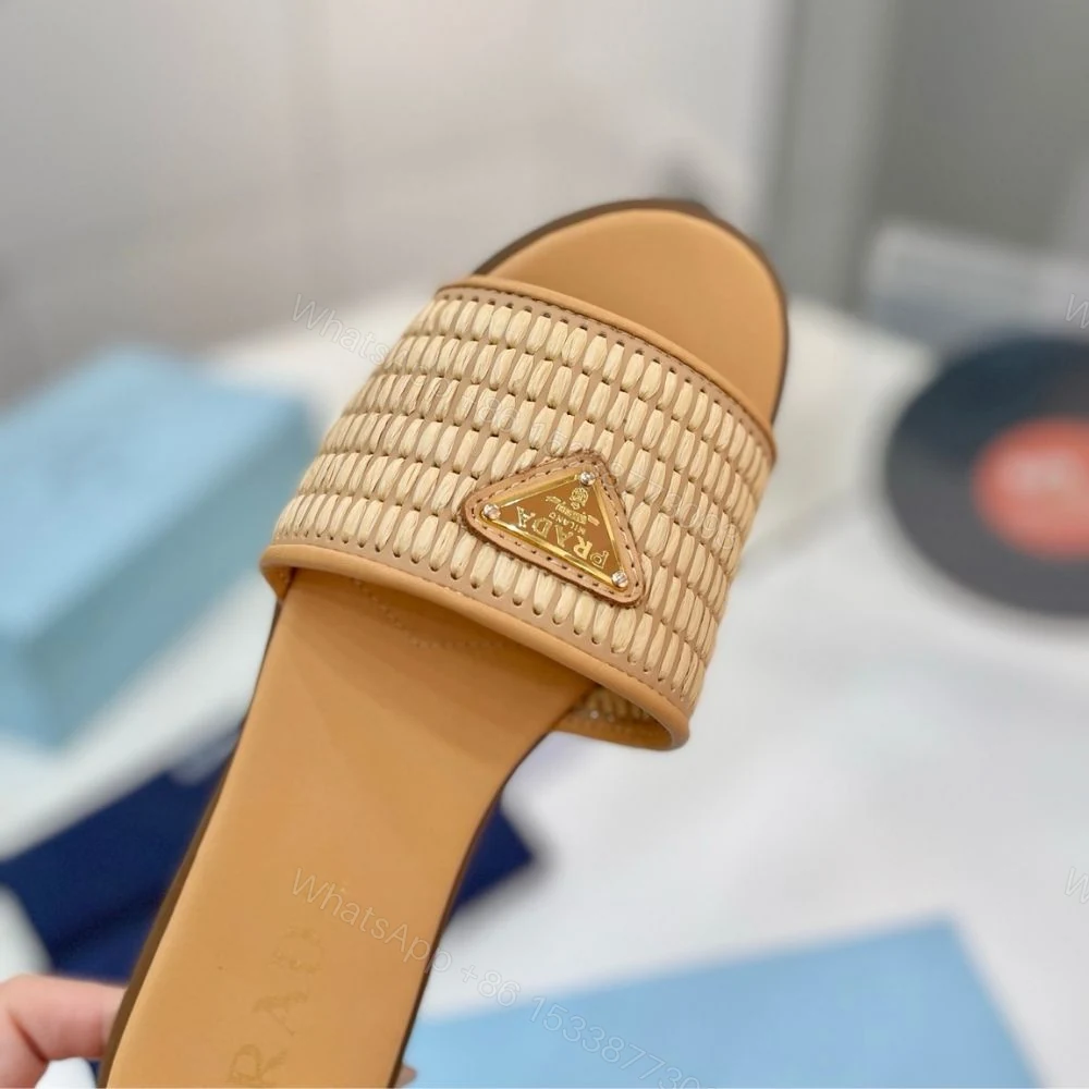 View 9 of Prada Leather Slides With Crochet Details Natural