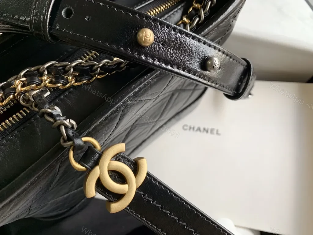 View 5 of Chanel-Style Quilted Crossbody: Black Leather, Gold Charm
