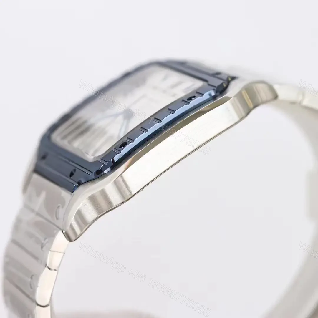 View 7 of Cartier super clone Santos Blue Bezel White Dial Steel Bracelet 40MM Premium RG-CARTIER-SANTOS-BLU-BEZ-WHT-STL-40
