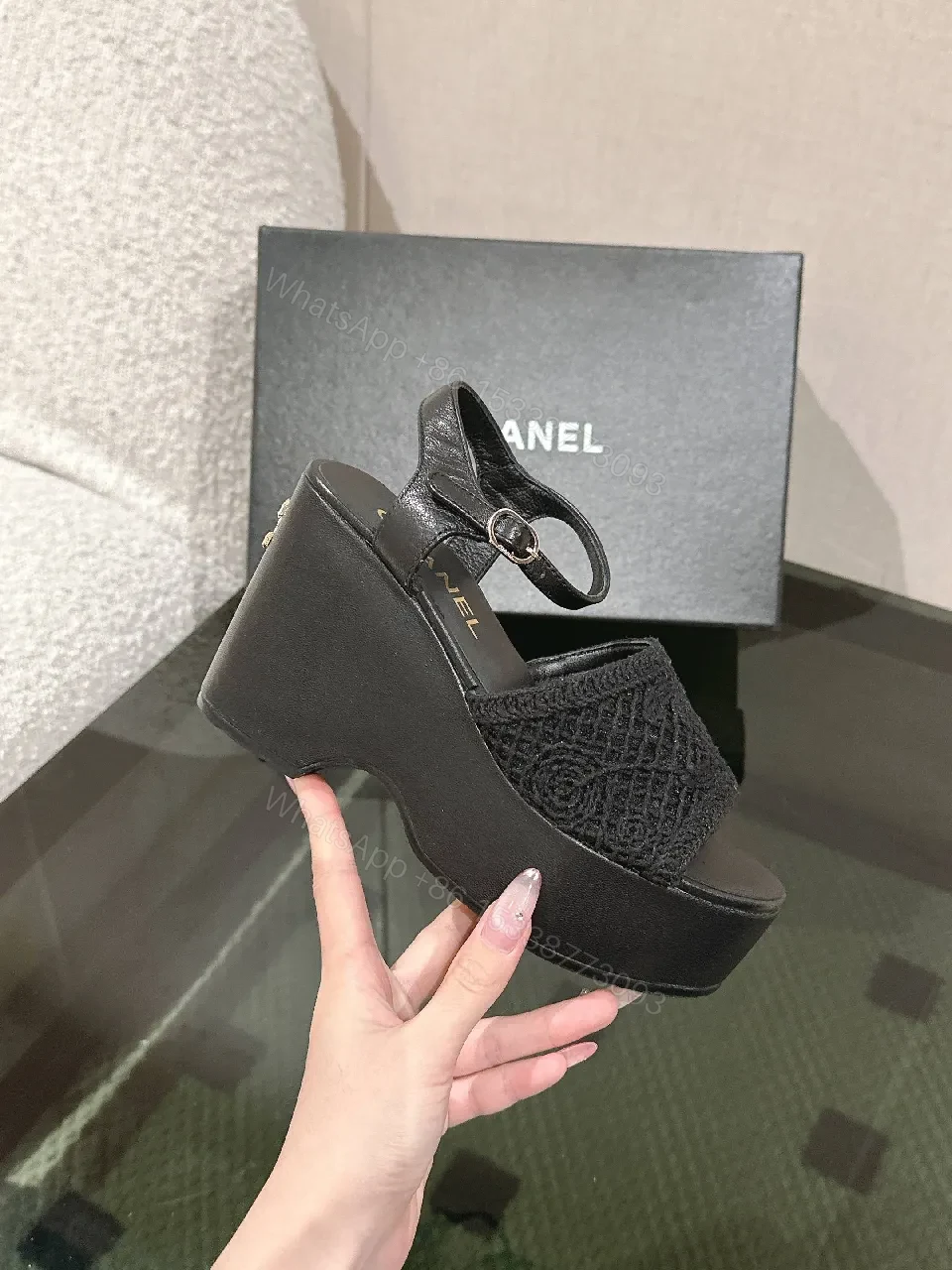 View 7 of Black Lace-Trim Platform Wedges, Open-Toe, Comfortable Elevation