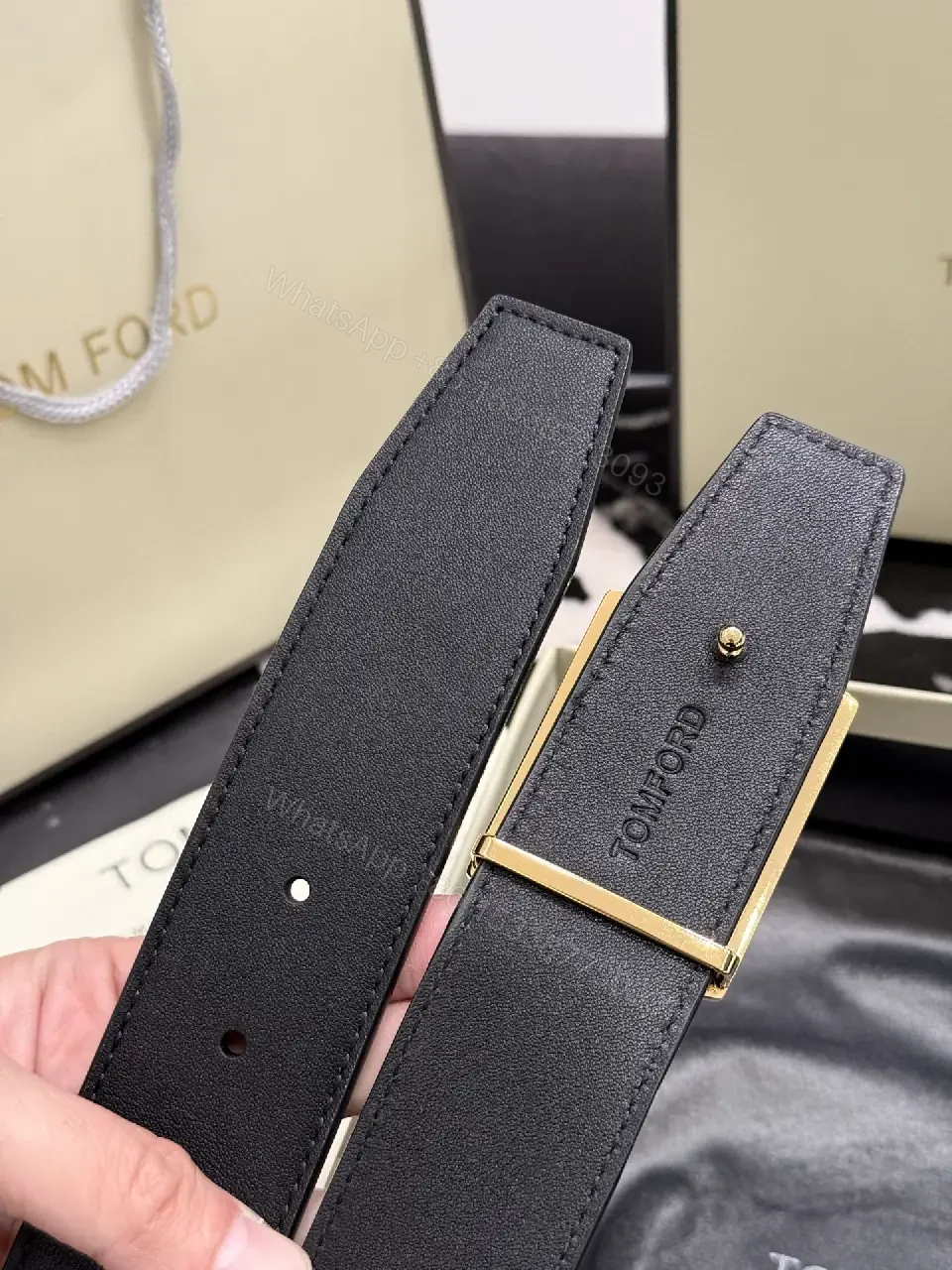 View 8 of Navy Leather-Texture Belt with Champagne Hardware