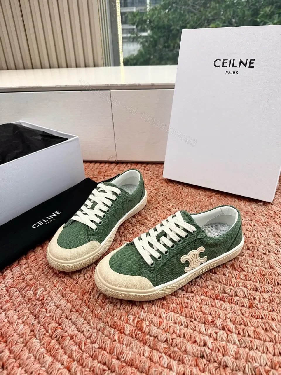 View 10 of Green Canvas Sneakers with Off-White Rubber Sole