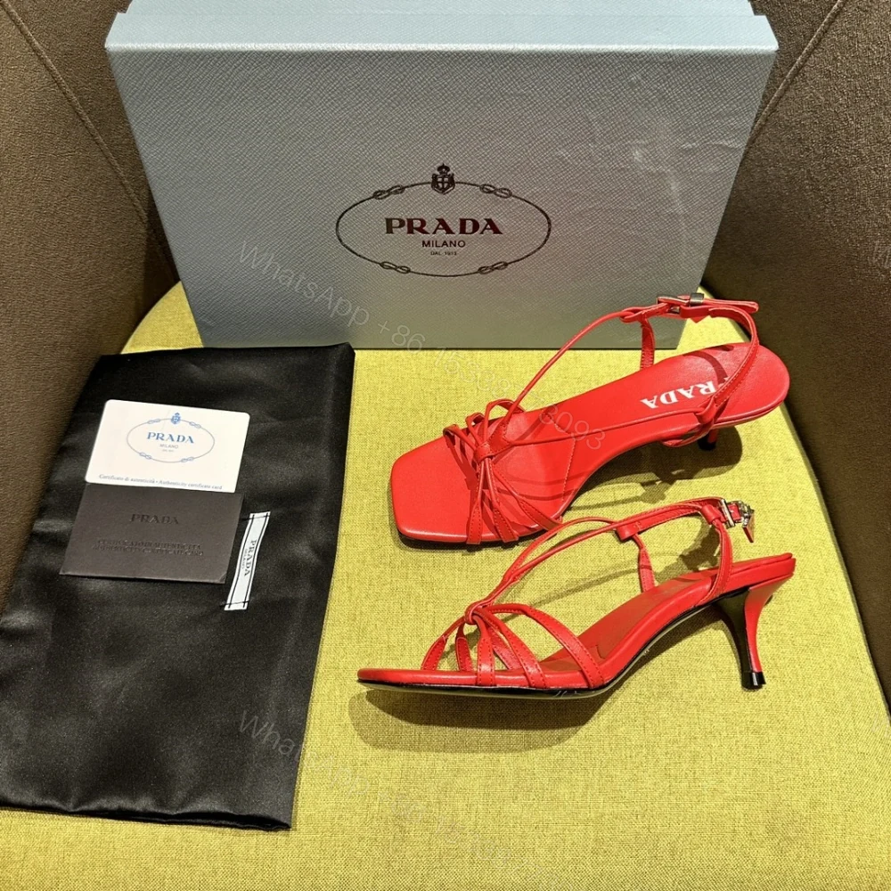 View 4 of 高仿Prada*1X504M方頭一字中踭涼鞋5.5CM紅色免檢版