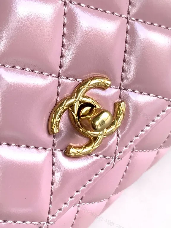 View 9 of Soft-Gloss Quilted Pink Handbag with Gold Chain Top Handle