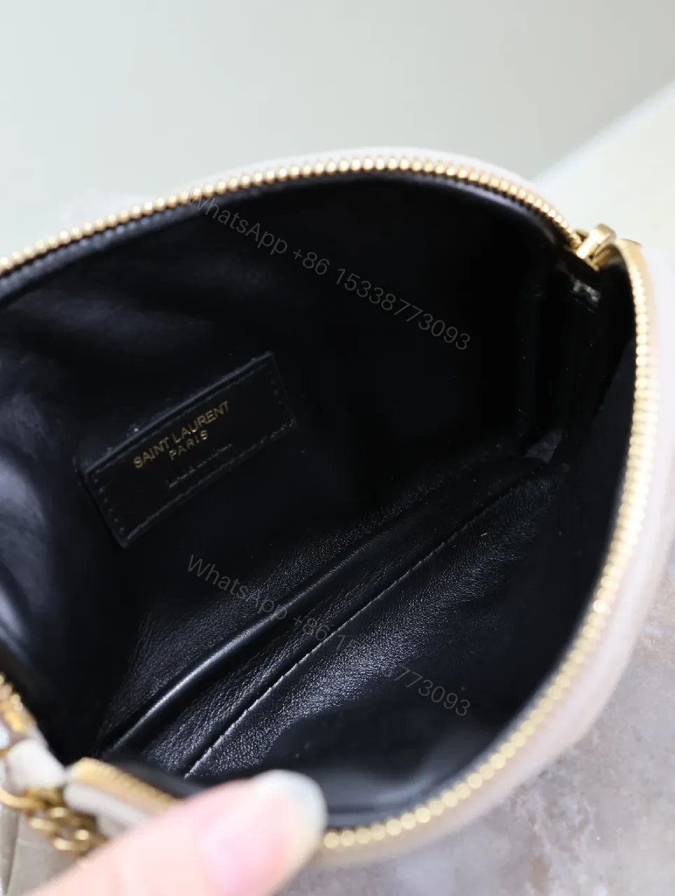 View 8 of Taupe Faux-Suede Quilted Crossbody, Elegant, Compact, Zippered Bag