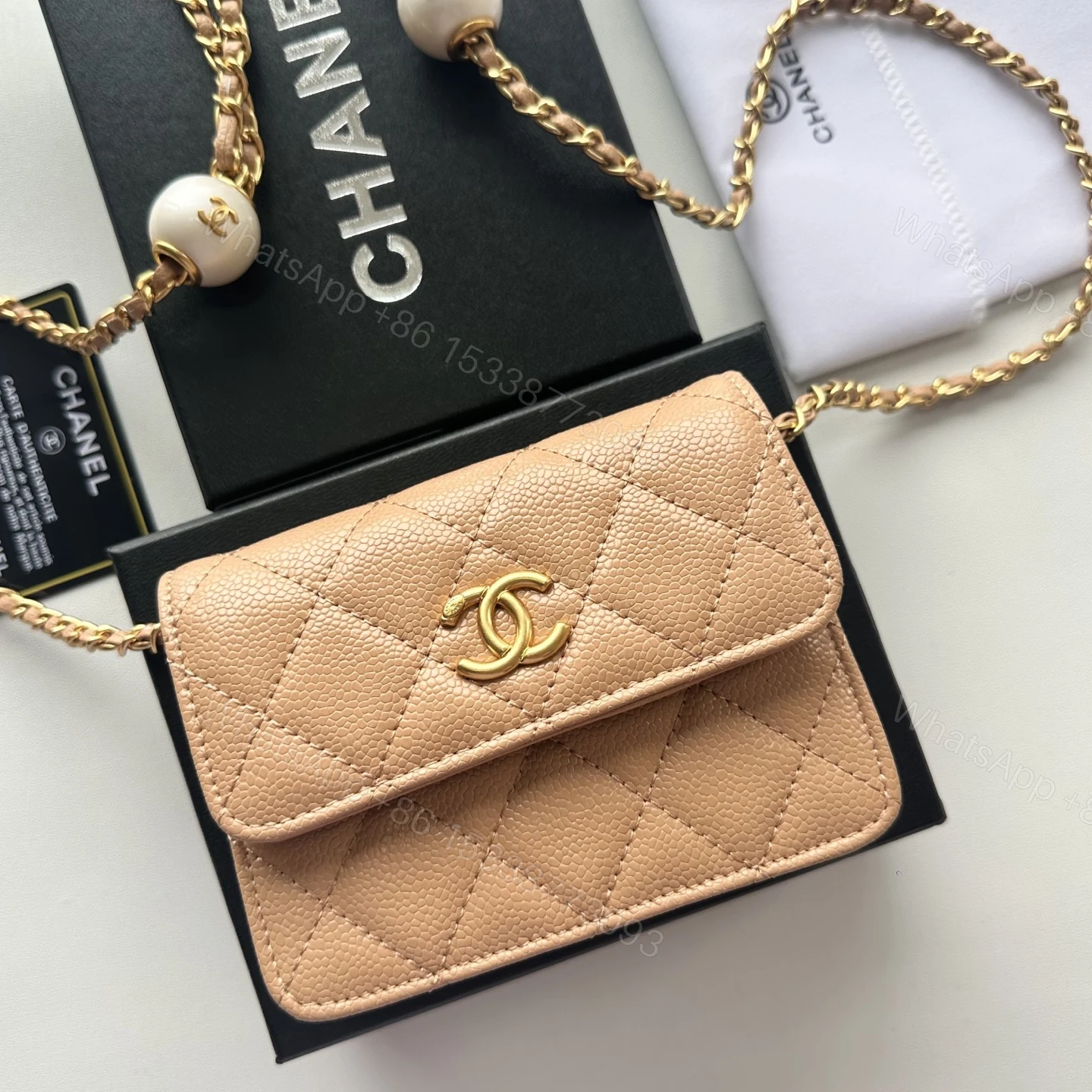Chanel 高仿杏色口蓋包 荔枝紋皮革金扣鏈條款 — view 1