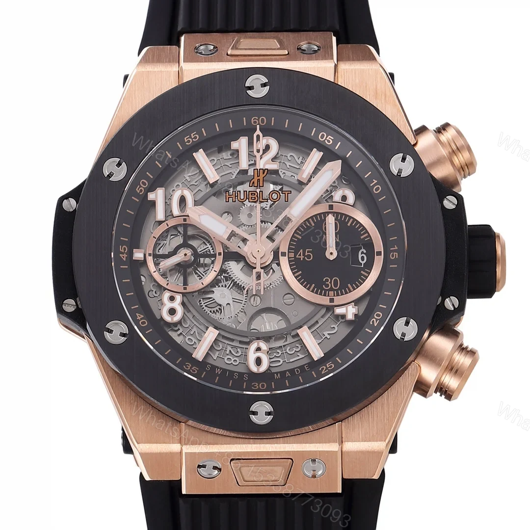 View 2 of Hublot Big Bang Rose Gold Replica 44MM Premium Black Bezel Rubber Strap Edition RG-HUBLOT-BIGBANG-RG-44