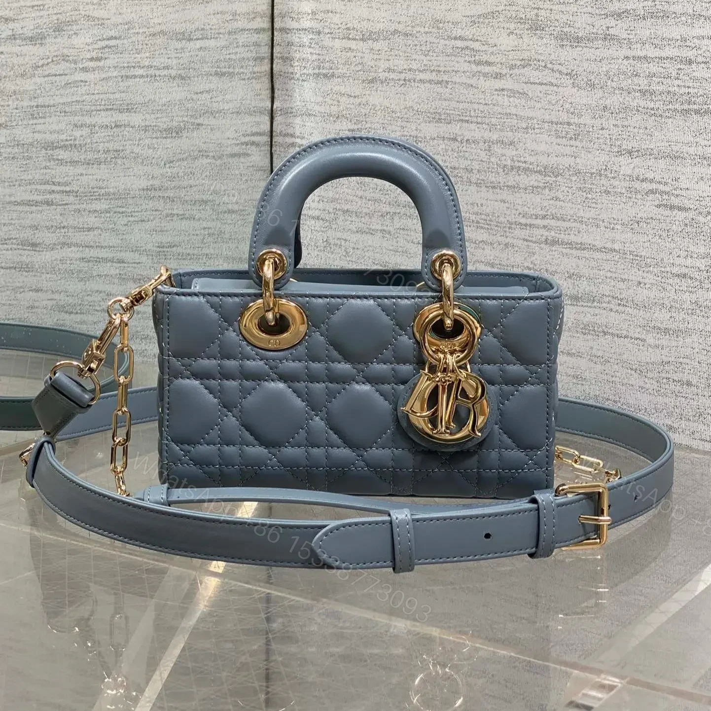 DIOR SMALL LADY D‐JOY BAG 19 IN STEEL BLUE GRAY GOLD HARDWARE — view 1