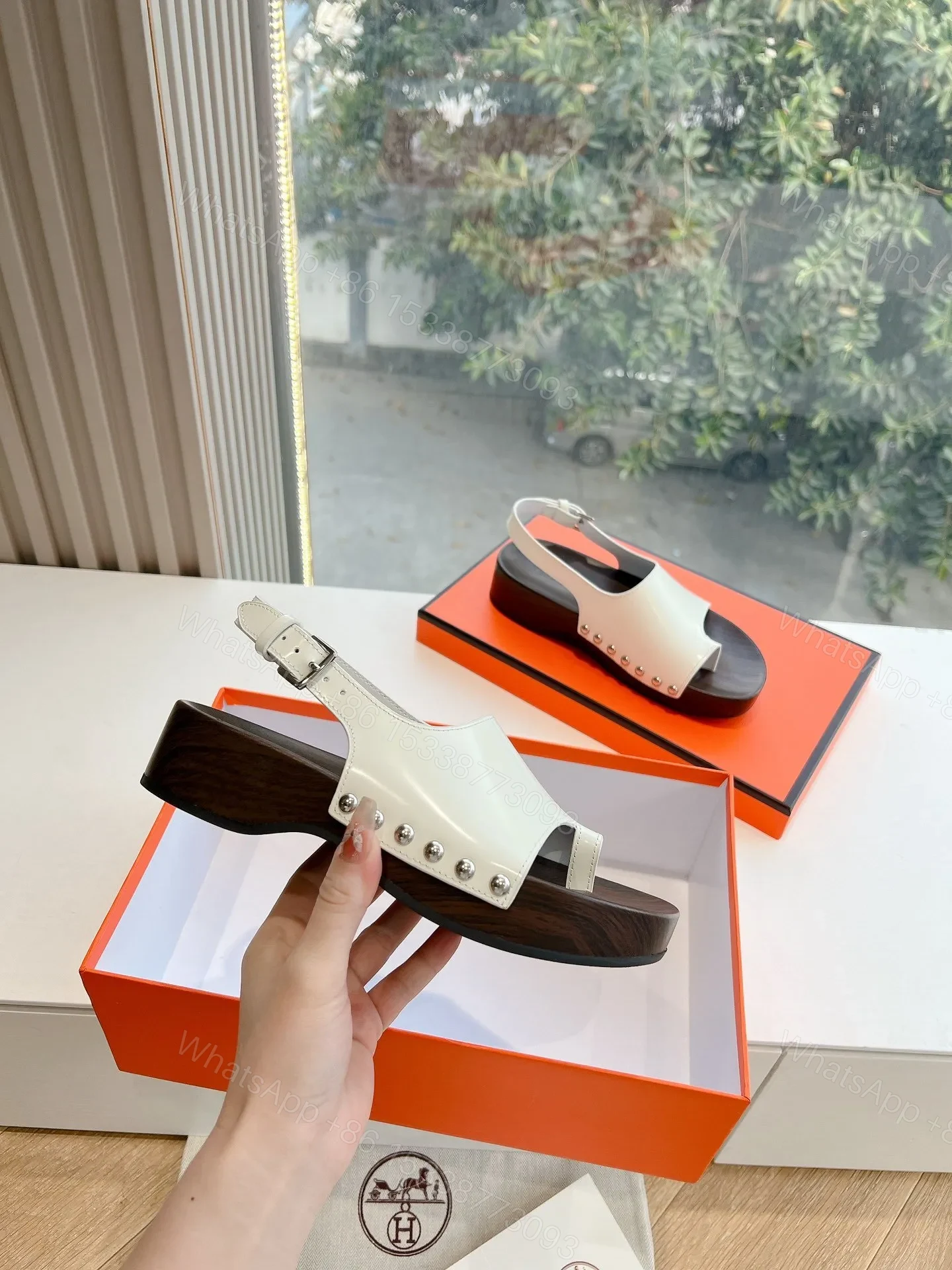 View 4 of Hermes Women White Leather Wooden Sole Sandals