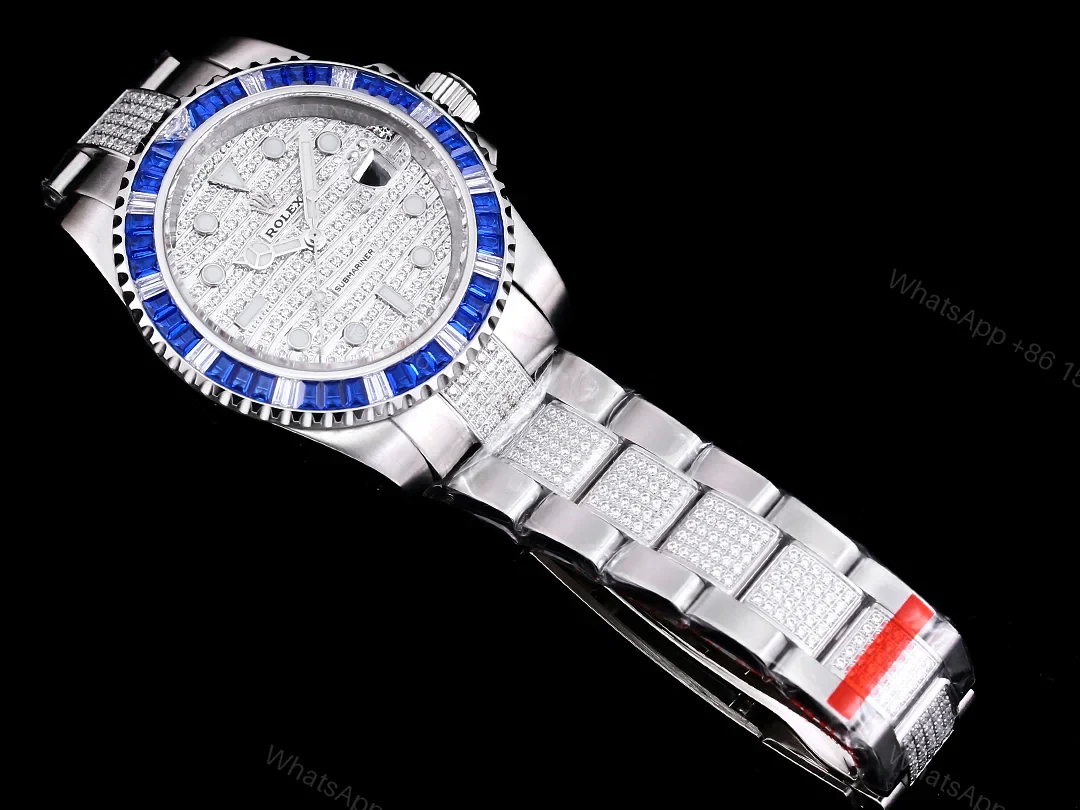 View 4 of Rolex Submariner White Diamond Replica 42MM Exclusive Blue Baguette Bezel Steel Oyster Bracelet RG-ROLEX-SUB-WHITE-DIAMOND-42