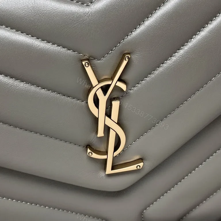 View 4 of Chic Quilted Gray Leather Flap Bag with YSL Gold Monogram