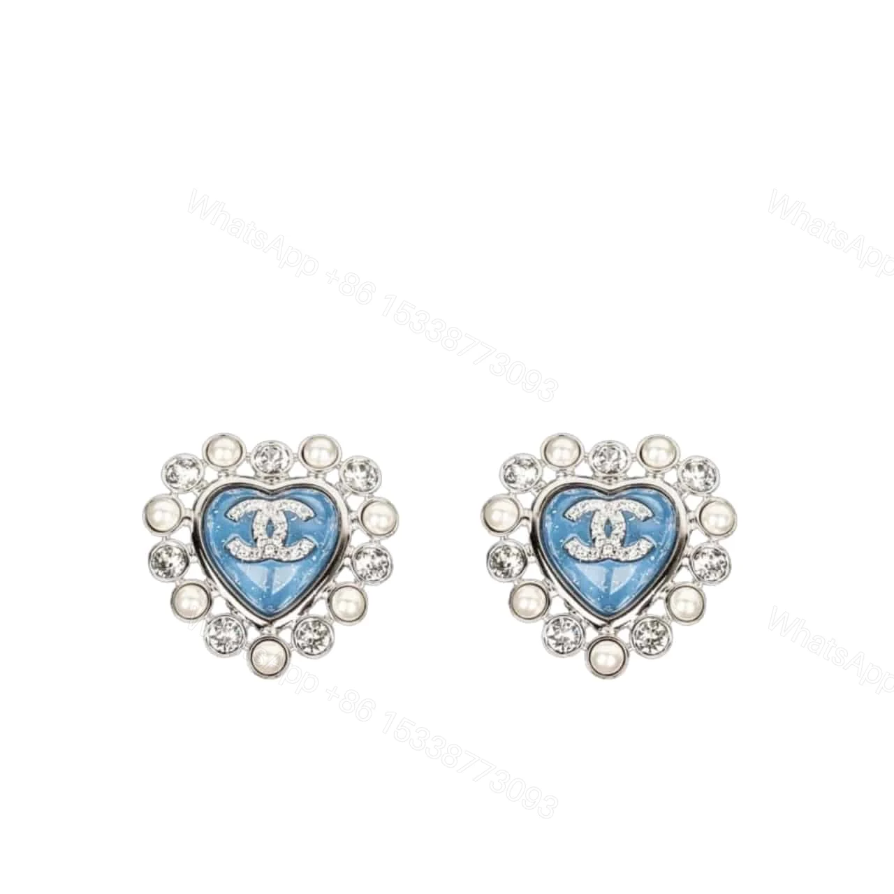 CHANEL HEART MOTIF AND CRYSTAL EARRINGS IN BLUE — view 1