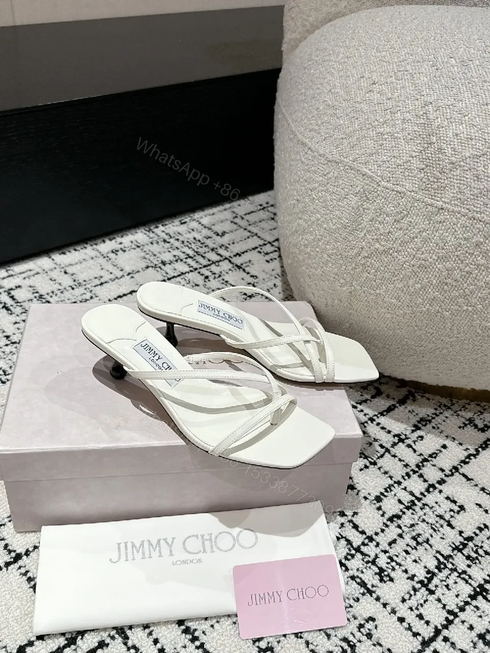 View 2 of White Leather Strappy Sandals: Square-Toe Kitten Heel