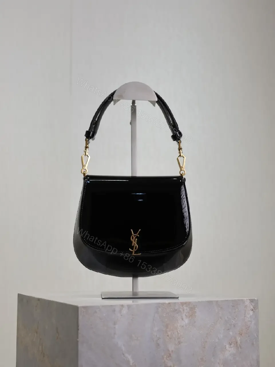 View 10 of Glossy Black Patent Leather Shoulder Bag with Gold Accent