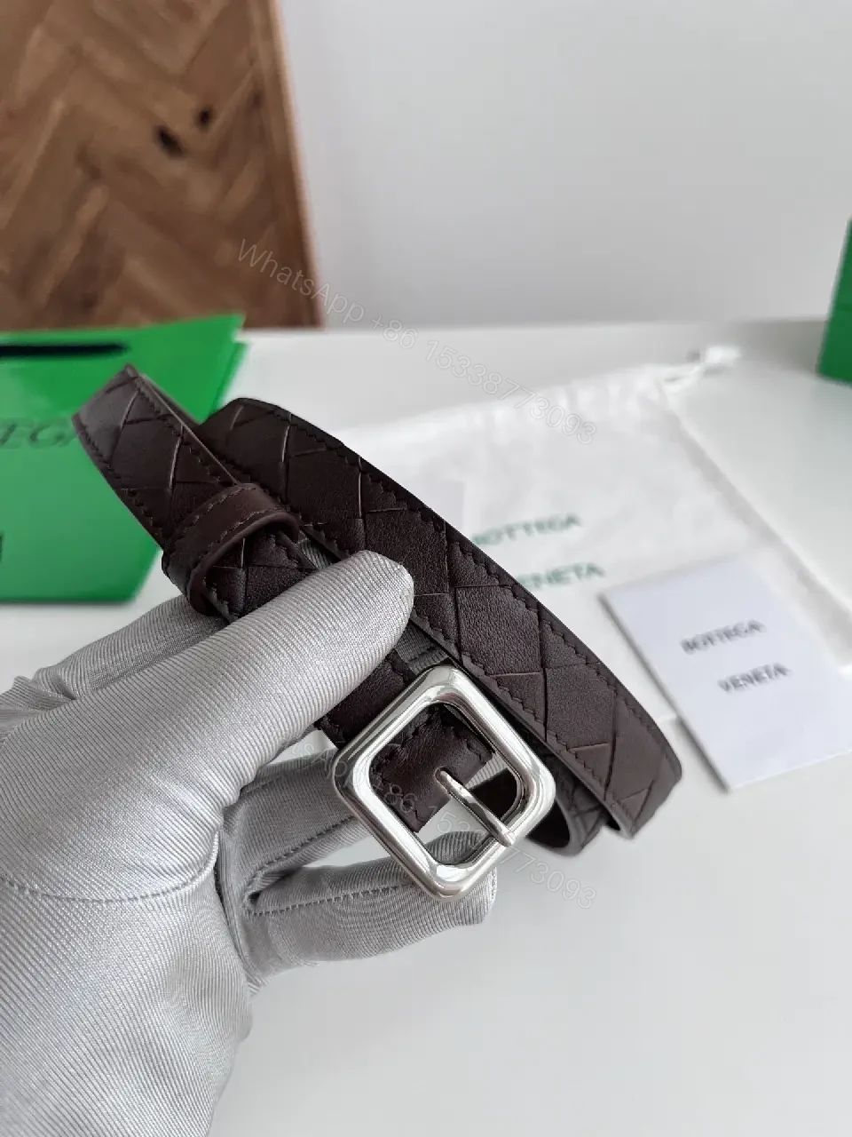View 2 of Diamond-Quilted Leather Belt with Silver Buckle