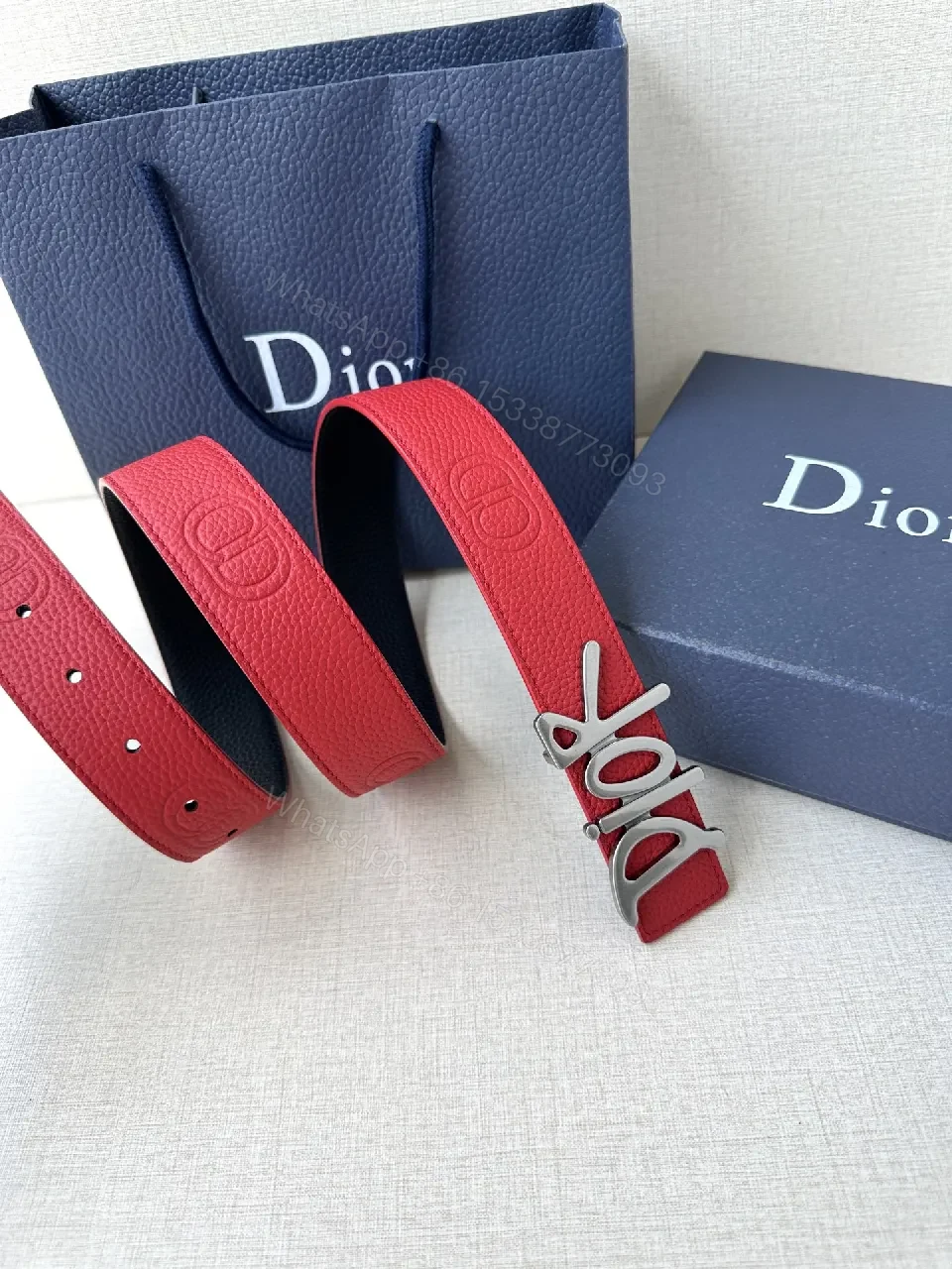 View 8 of Red Leather Belt with Silver Dior-Inspired Buckle
