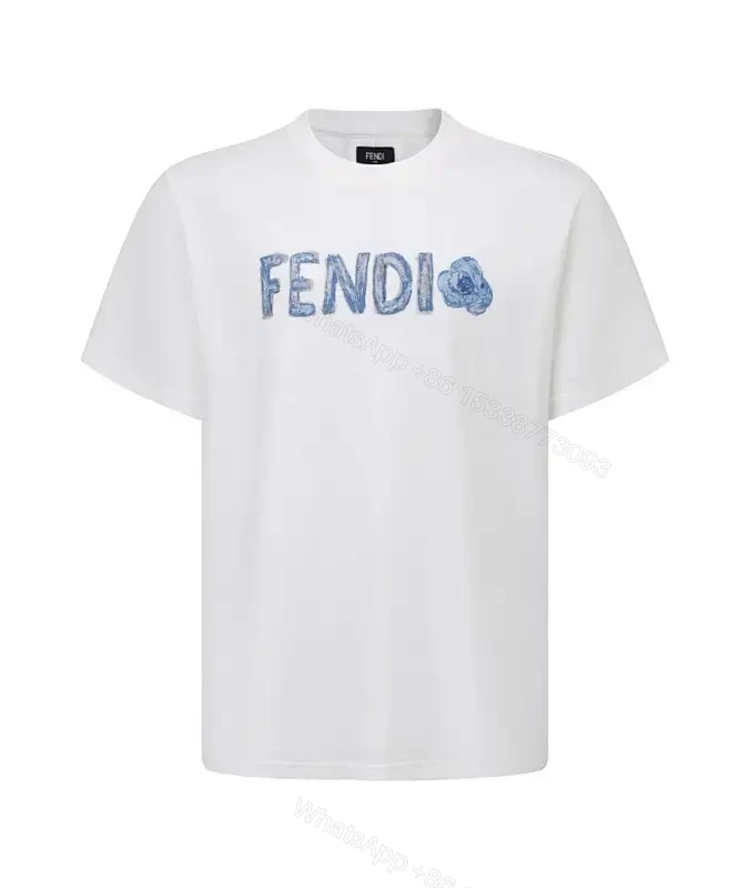 White Cotton Tee, Blue Logo, Casual Luxe, Durable Print, T-Shirt — view 1