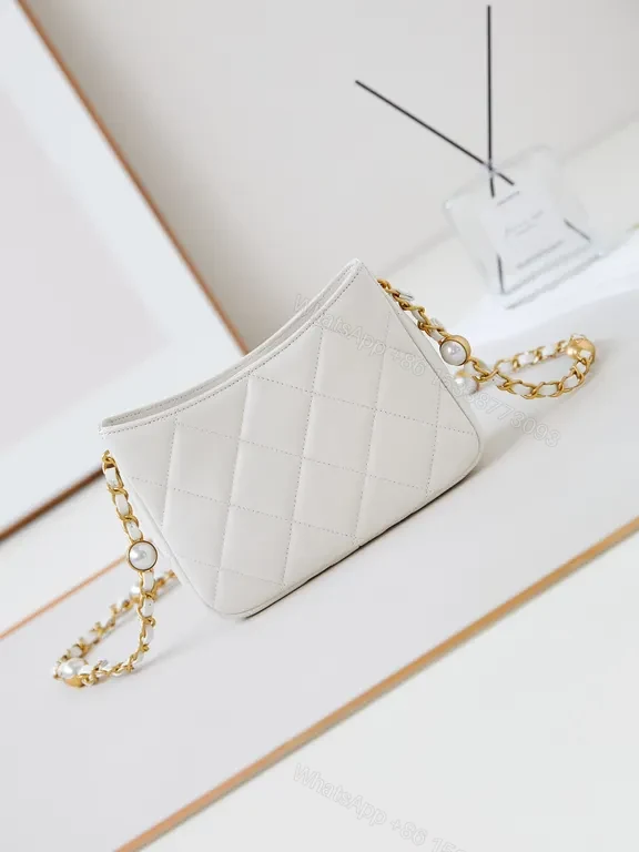 View 8 of White Quilted Mini Crossbody with Gold Chain, Luxe Calf Leather Bag