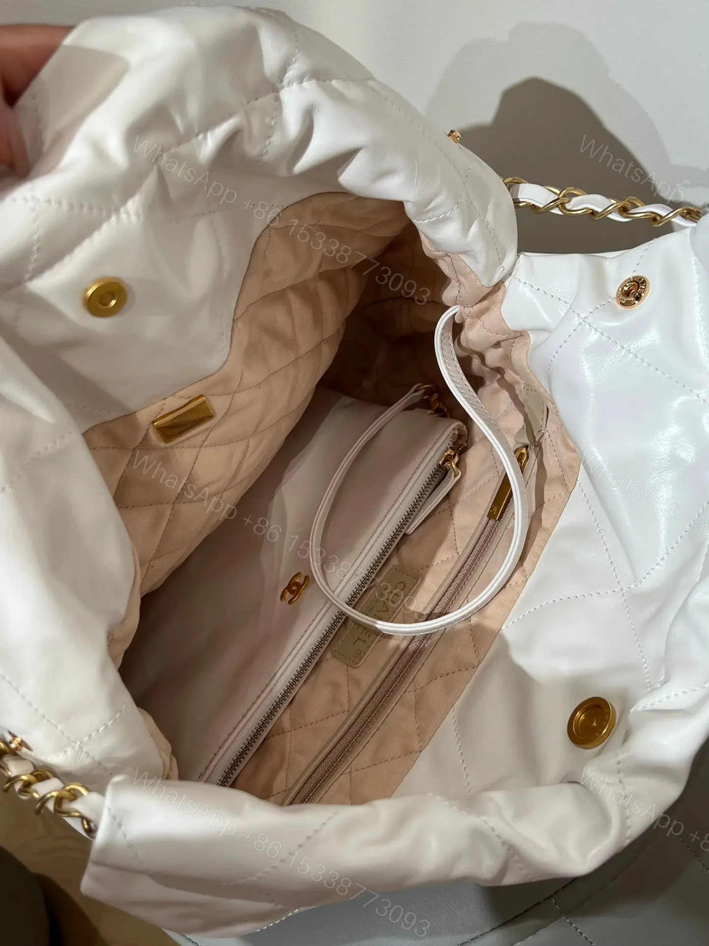 View 7 of CHANEL 22 Bag Small White Lambskin Leather