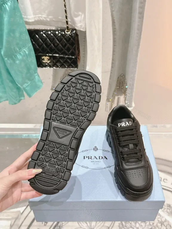 View 7 of Black Leather Lace-Up Sneakers with Prada-Inspired Logo