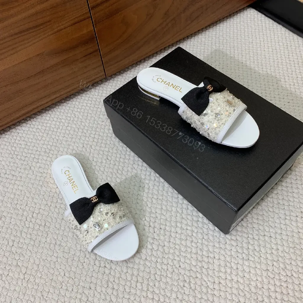 View 6 of White Crystal Glitter Sandals Satin Bow Chanel Style Sparkle Embellishments Slide Sandals