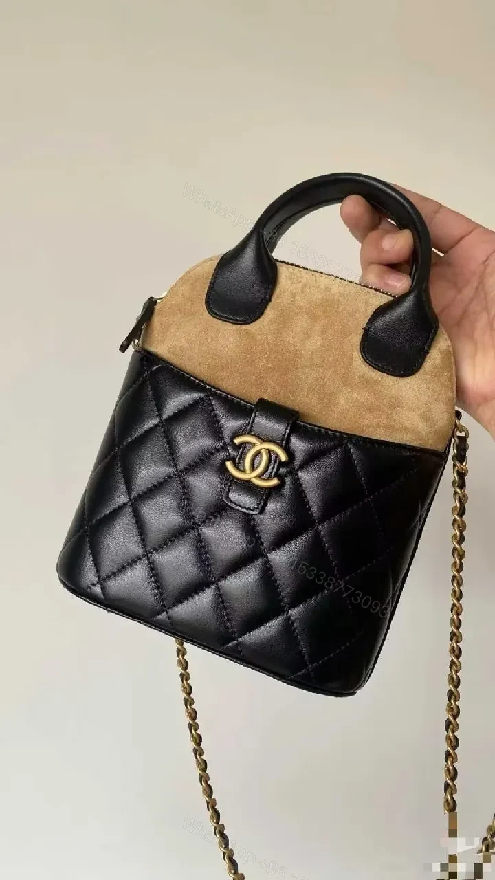 View 4 of Quilted Mini Bag with Suede Lid, Gold Hardware, Chic Street Style