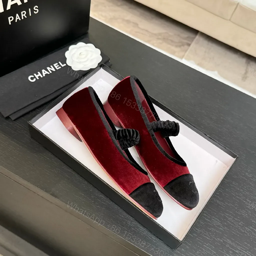 View 7 of Red Velvet Ballet Flats with Black Cap Toe, Velvet Detail, Signature Embellishment
