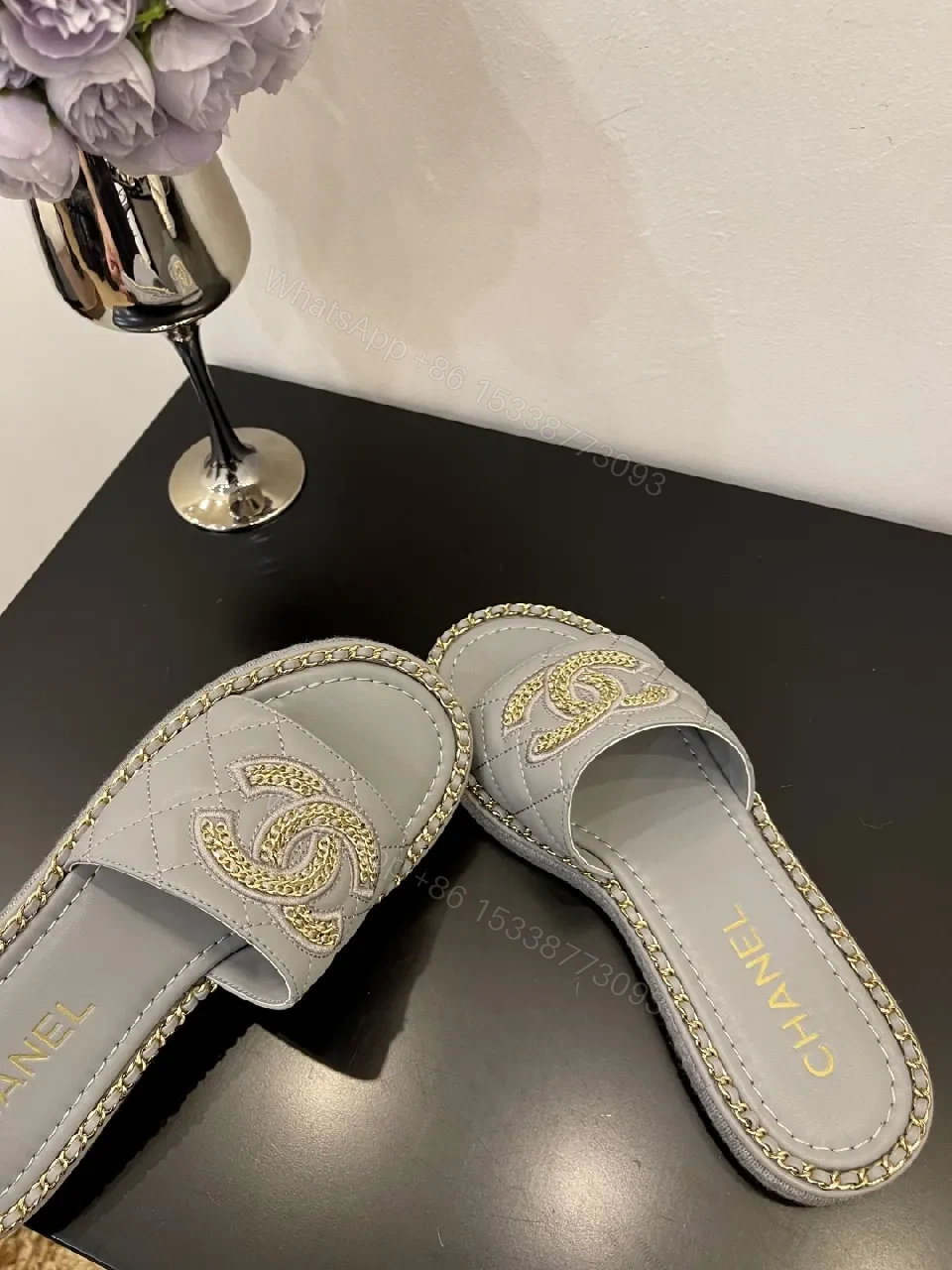 View 4 of Grey Leatherette Embellished Slide — Luxe, Cushioned, Slip-On