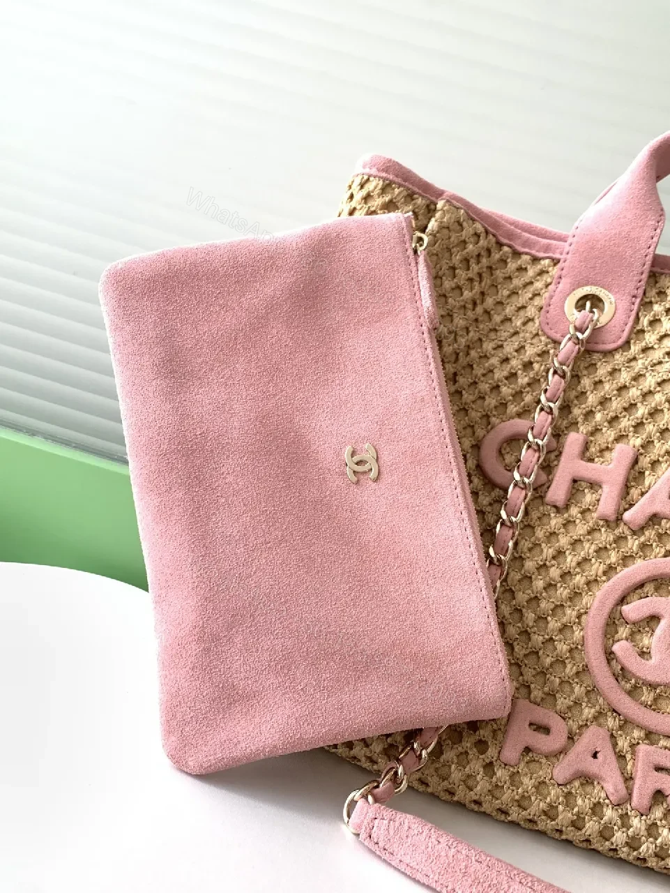 View 5 of Textured Straw Pink Tote with Chain Detail Bag