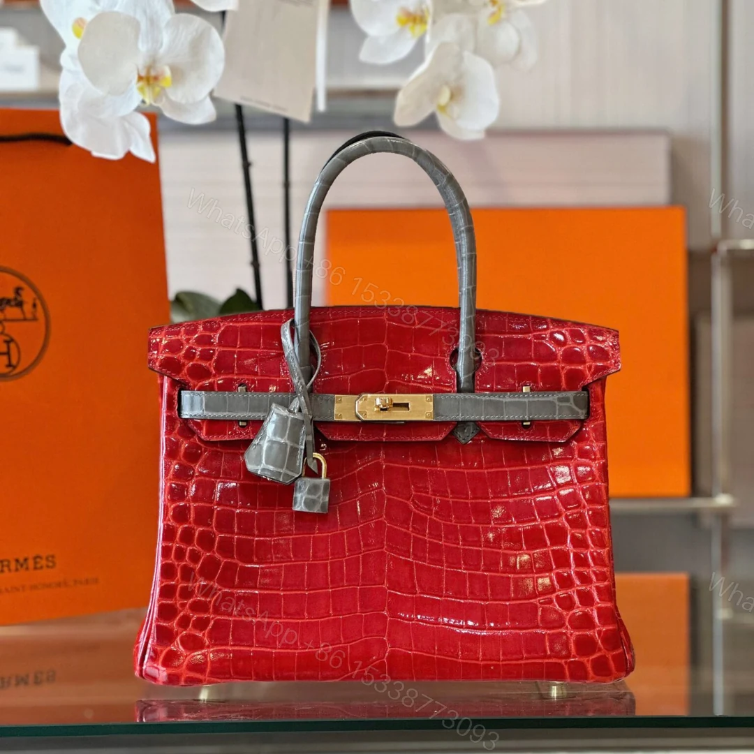 Hermes Birkin 30 Red/Liam Blue Genuine Crocodile Leather Gold Hardware. – Custom Made — view 1