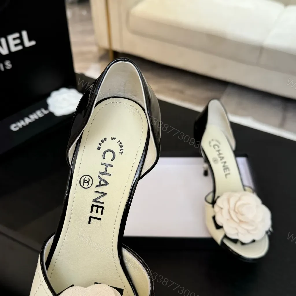 View 6 of Cream Quilted Leather Heels with Flower Accent, Open-Toe, Kitten Heel