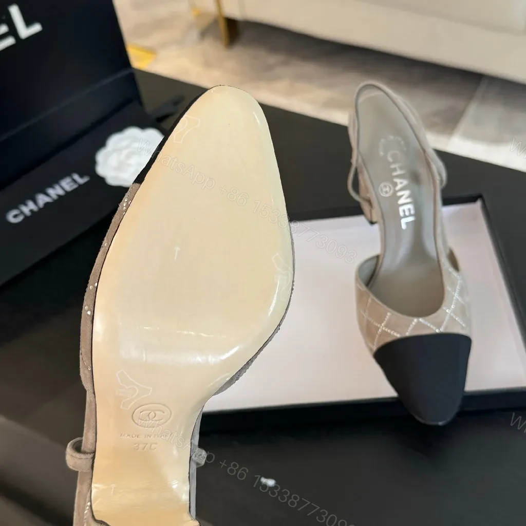 View 5 of Taupe Grid Textured Slingbacks with Black Cap Toe - Elegant Heels