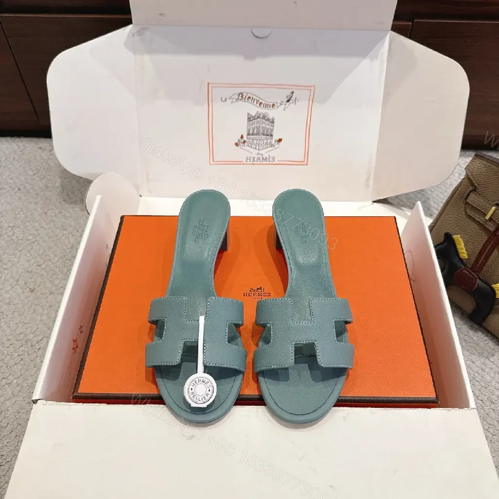 View 8 of Blue Leather Hermes-Style Sandals with Iconic H Strap