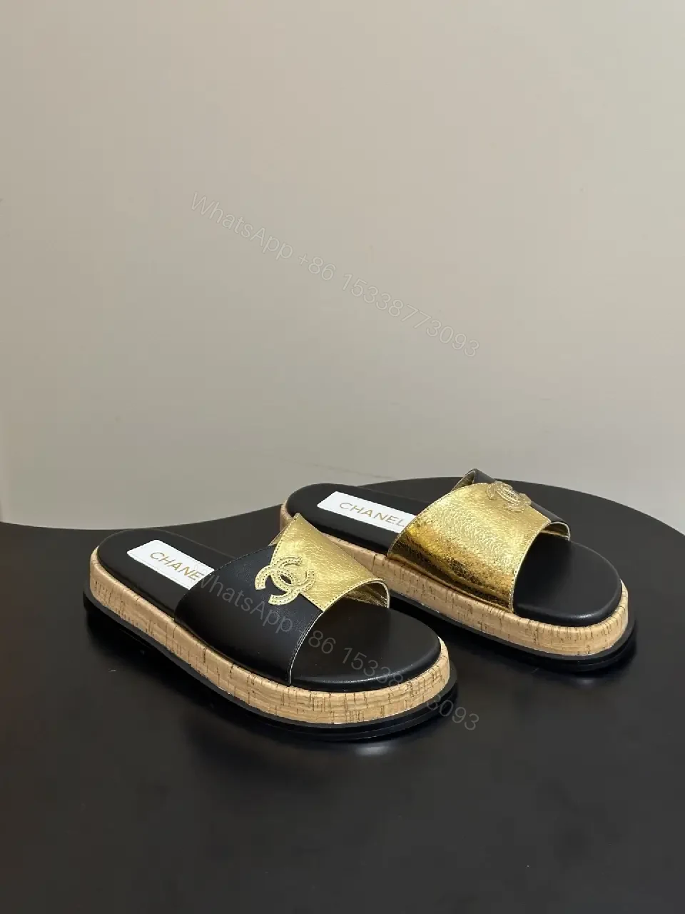 View 7 of Black Leather Luxury Chanel Logo Slide Sandals